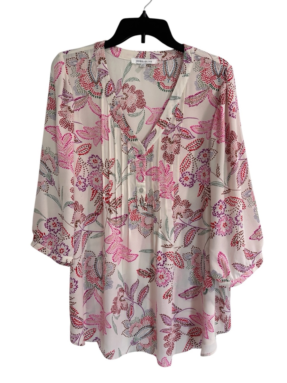 Floral V-Neck Women's Blouse - Pink & White